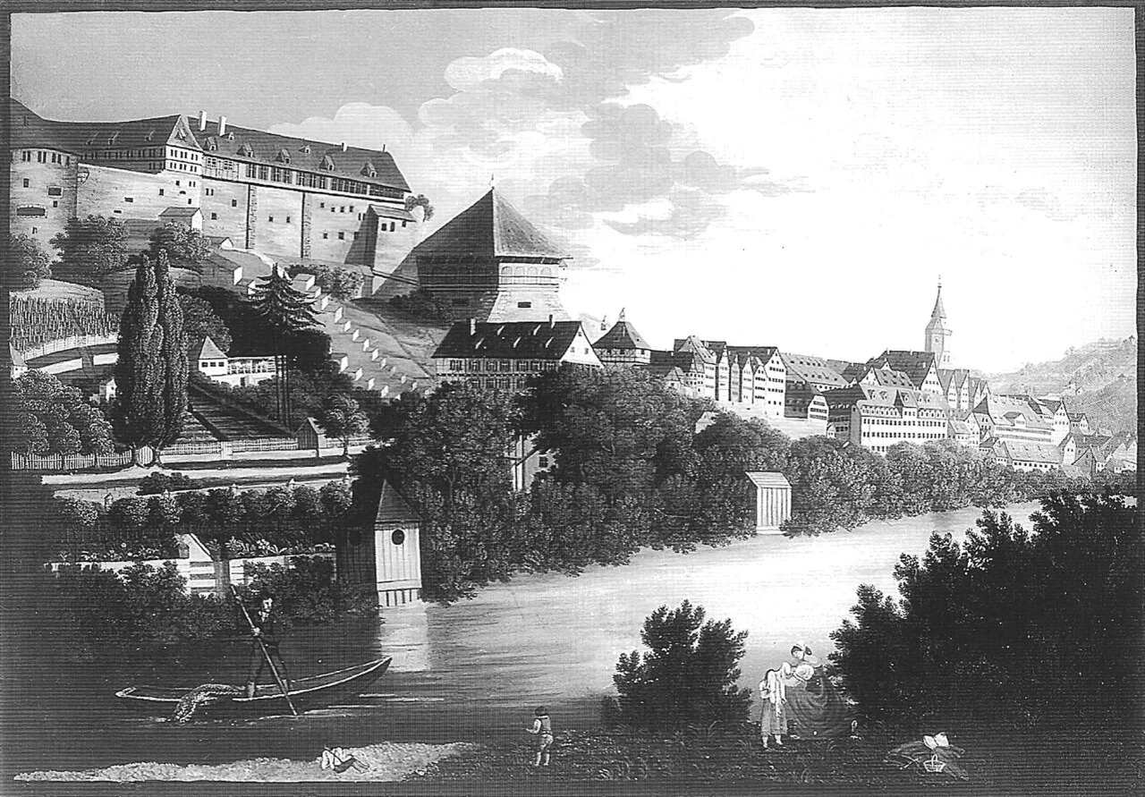1795-Luise Uhland - Tubinga dalla riva destra, sotto la passerella di Hirschau